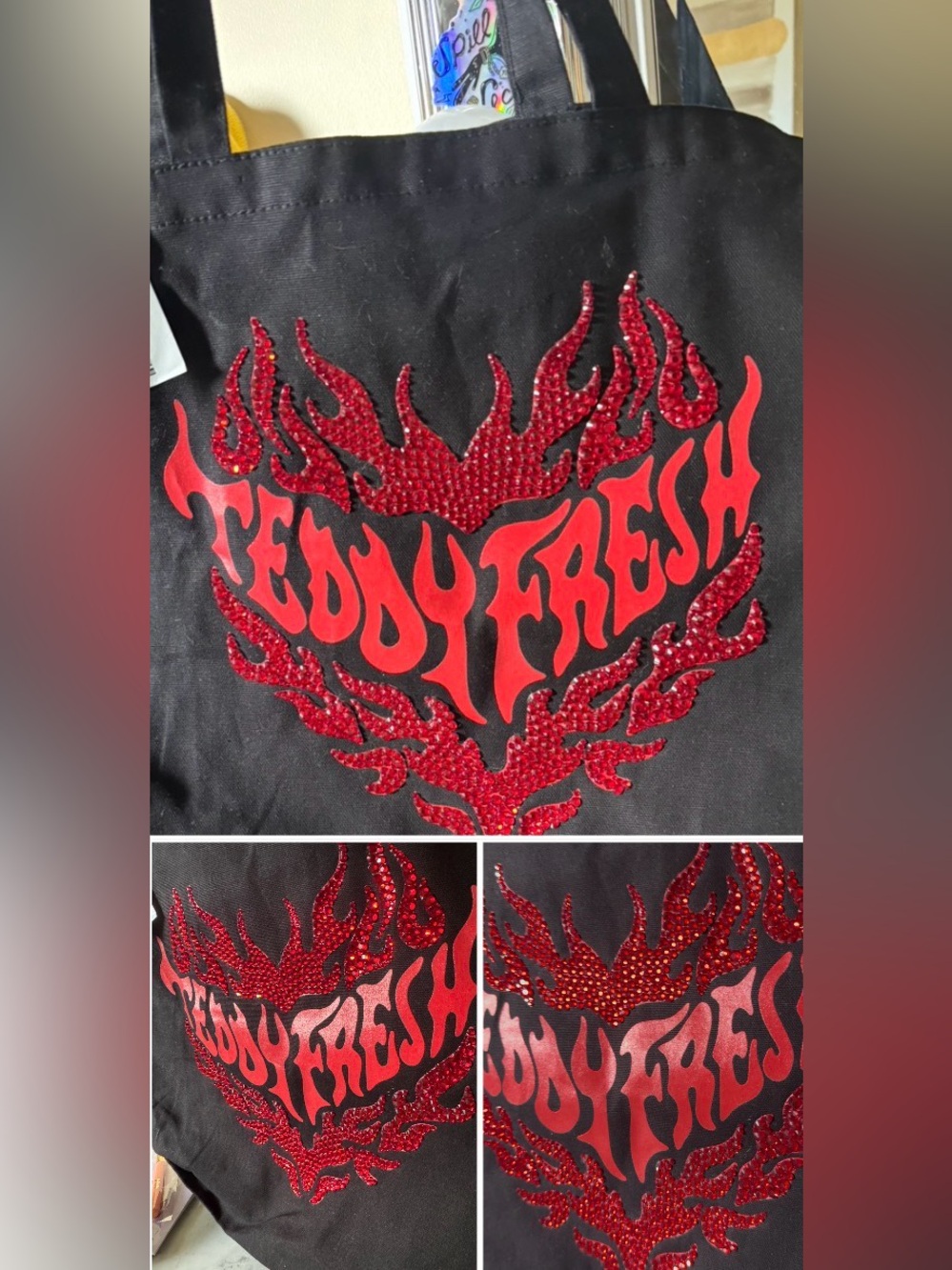 Limited Edition Teddy Fresh Flaming Heart Graphic Tote Bag Black and Red